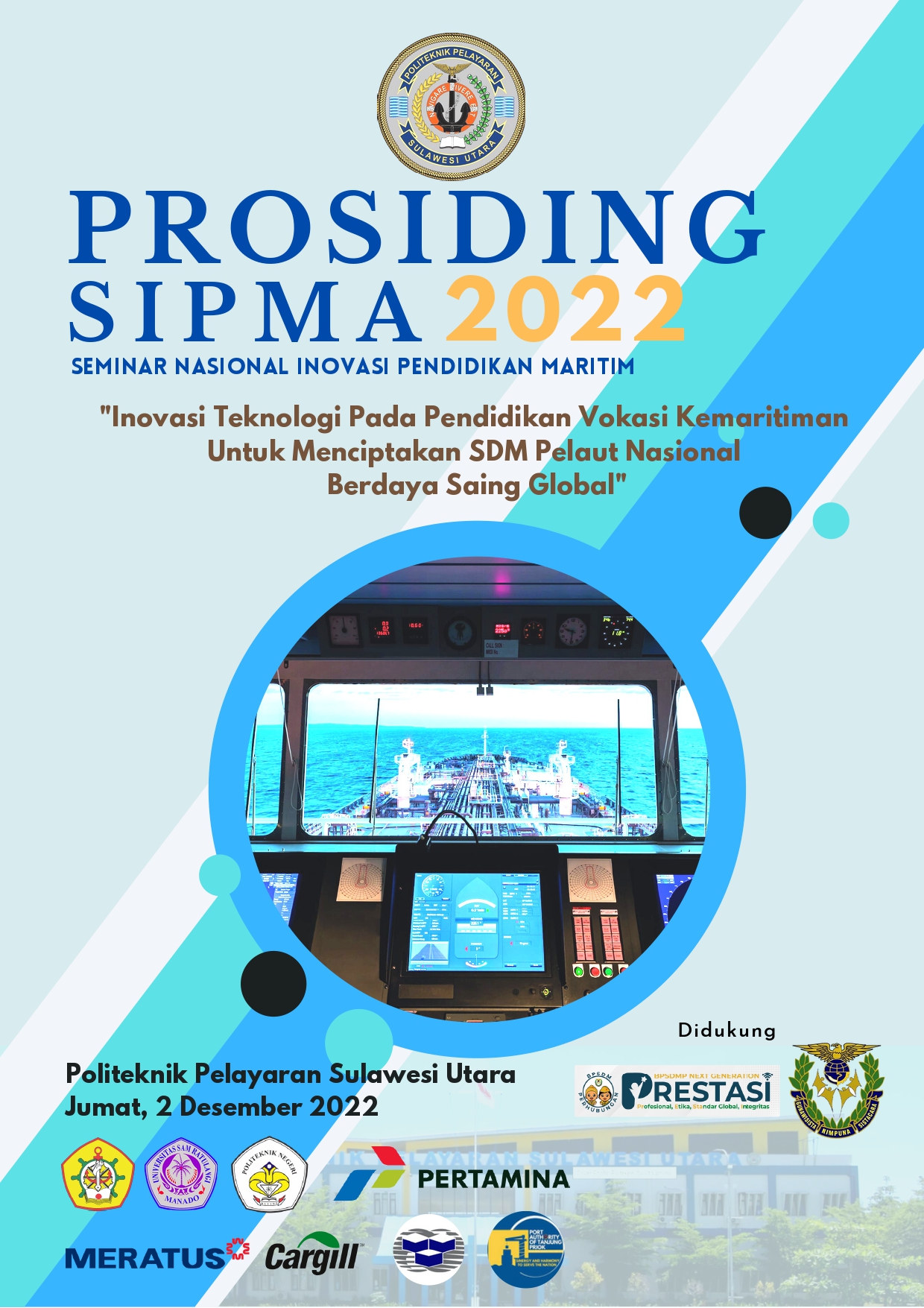 Prosiding Seminar Nasional Politeknik Pelayaran Sulawesi Utara yang telah berhasil diterbitkan. Prosiding ini merupakan kumpulan makalah yang disajikan pada rangkaian acara seminar nasional yang bertema : Inovasi Teknologi Pada Pendidikan Vokasi Kemaritiman Untuk Menciptakan SDM Pelaut Nasional Berdaya Saing Global yang diselengarakan pada tanggal 2 Desember 2022 di Politeknik Pelayaran Sulawesi Utara. Tujuan dari seminar nasional ini dalam rangka meningkatkan literasi ilmiah kepada taruna-taruni dan meningkatkan publikasi ilmiah dosen dilingkungan Perguruan Tinggi di bawah naungan Badan Pengembagan Sumber Daya Manusia Perhubungan Kementerian Perhubungan Republik Indonesia serta insan pendidikan dari perguruan tinggi di Indonesia. Selain itu, juga untuk menambah wawasan kepada taruna-taruni dan sivitas akademik dalam mewujudkan peningkatan kompetensi ilmiah dan teknis sebagai wujud pembangunan sumber daya manusia nasional dalam bidang transportasi umumnya dan dunia maritim khususnya. Kami mengucapkan terima kasih kepada seluruh penulis yang telah memberikan karya ilmiahnya, serta seluruh panitia Seminar Nasional Inovasi Pendidikan Maritim (SIPMA) yang telah bekerja keras merencanakan, mempersiapkan dan melaksanakan acara semina rini. Terkhusus kepada tim publikasi yang sudah bekerja keras untuk menerbitkan prosiding seminar nasional ini agar sesuai dengan kaidah penulisan ilmiah dan ejaan bahasa Indonesia yang baik dan benar